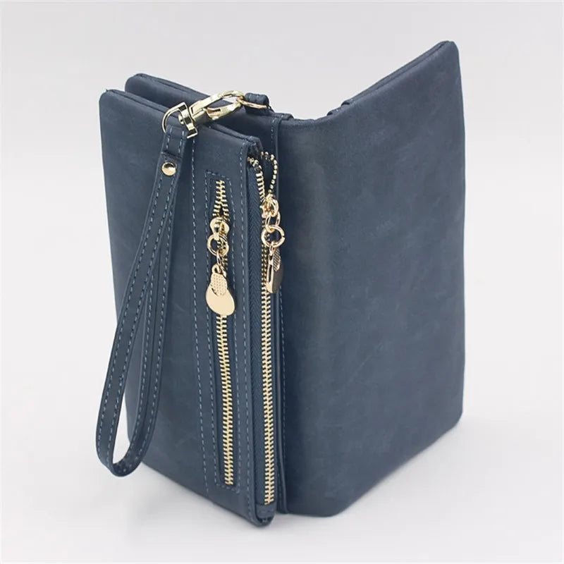 Women Dull Leather Double Zipper Clutch Purse Handbag
