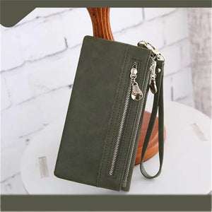 Women Dull Leather Double Zipper Clutch Purse Handbag