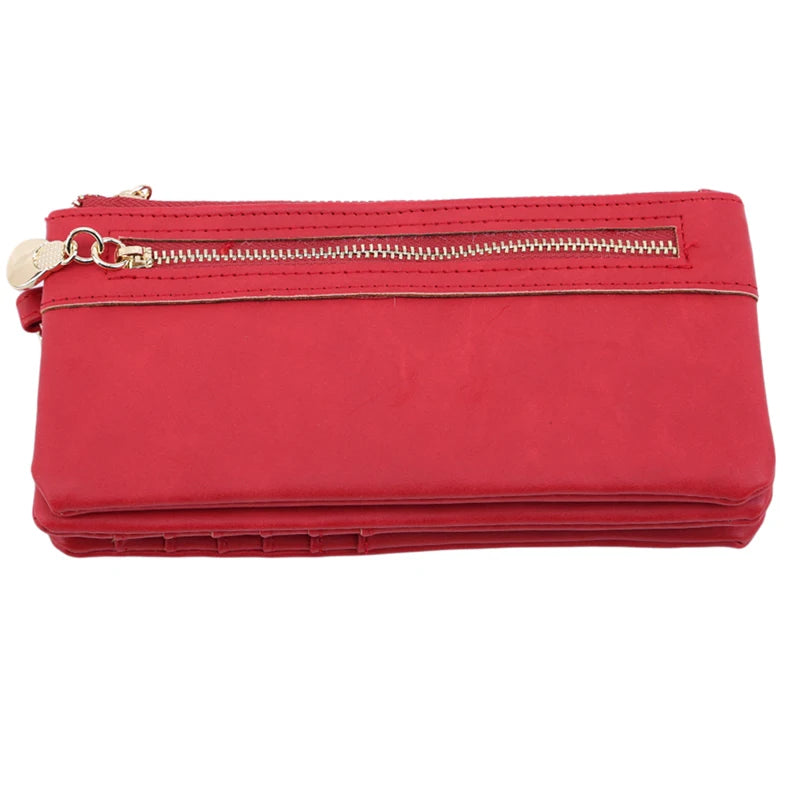 Women Dull Polish Leather Wallet Double Zipper Clutch Purse