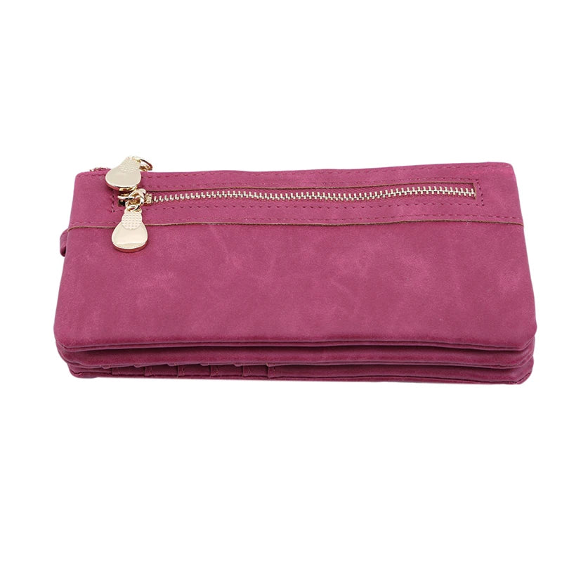 Women Dull Polish Leather Wallet Double Zipper Clutch Purse