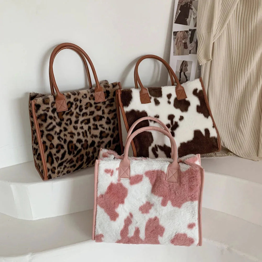 Vintage PU Leather Plush Animal Print Handbag Large Tote Bag