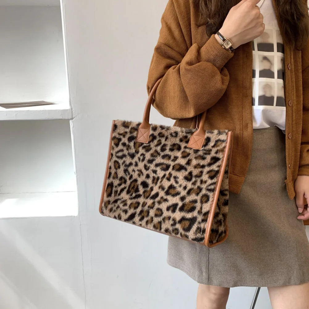 Vintage PU Leather Plush Animal Print Handbag Large Tote Bag