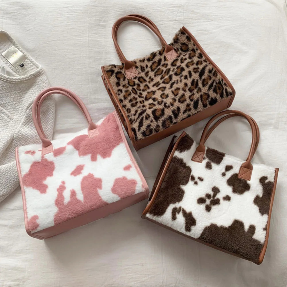 Vintage PU Leather Plush Animal Print Handbag Large Tote Bag
