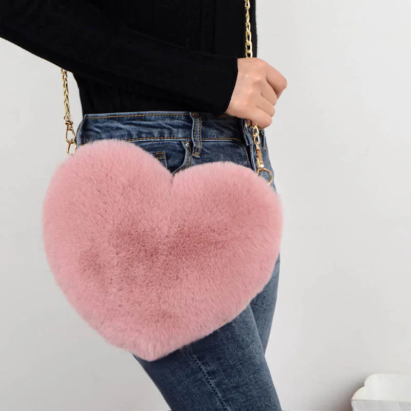 Heart Shaped Faux Fur Crossbody Wallet Chain Shoulder Bag