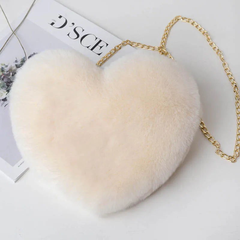 Heart Shaped Faux Fur Crossbody Wallet Chain Shoulder Bag