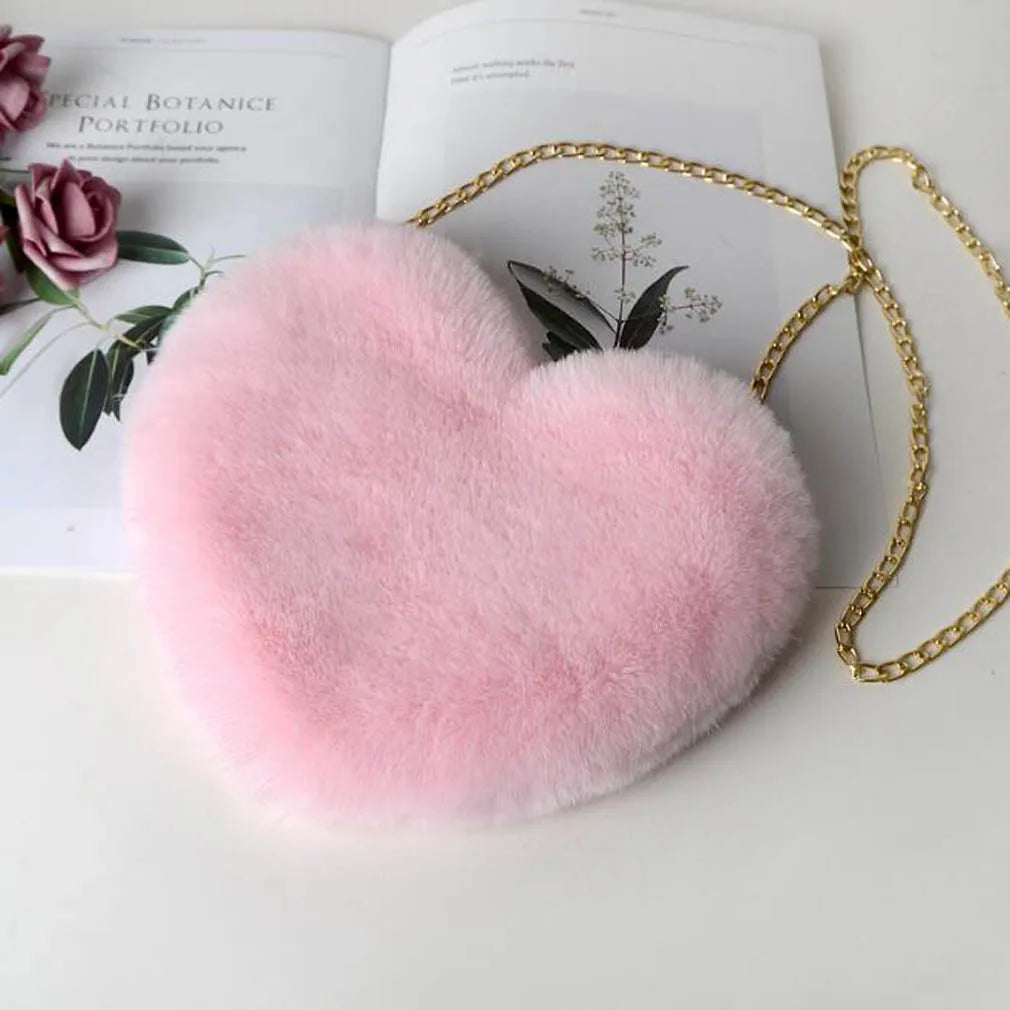 Heart Shaped Faux Fur Crossbody Wallet Chain Shoulder Bag