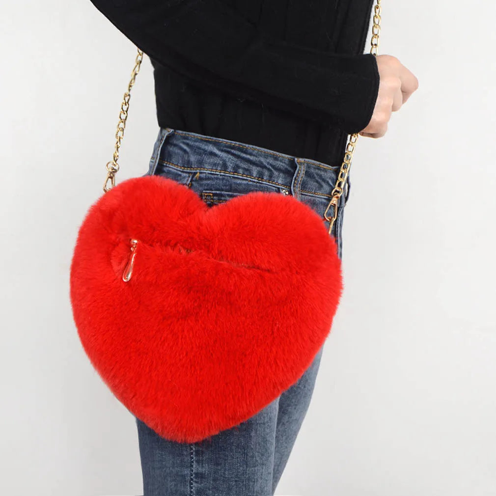 Heart Shaped Faux Fur Crossbody Wallet Chain Shoulder Bag