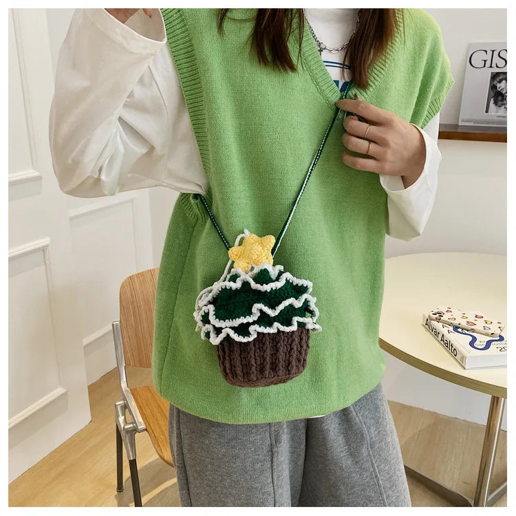 Floral Bucket Crochet Shoulder Bag Handwoven Woman Handbag B181