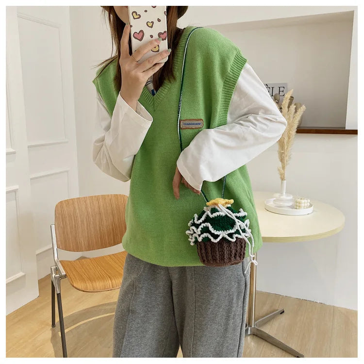 Floral Bucket Crochet Shoulder Bag Handwoven Woman Handbag B181