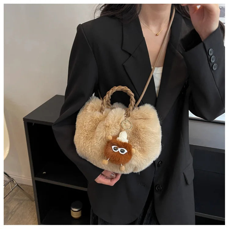 Woven Hand Plush Shoulder Bag Winter Tote Faux Fur Top-handle Bag