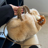 Woven Hand Plush Shoulder Bag Winter Tote Faux Fur Top-handle Bag