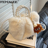 Woven Hand Plush Shoulder Bag Winter Tote Faux Fur Top-handle Bag