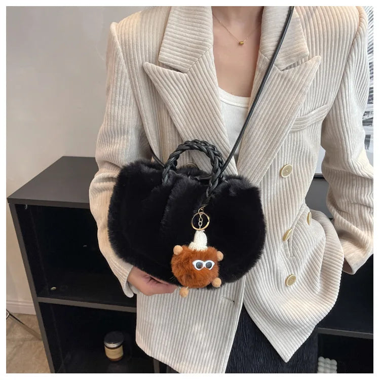 Woven Hand Plush Shoulder Bag Winter Tote Faux Fur Top-handle Bag