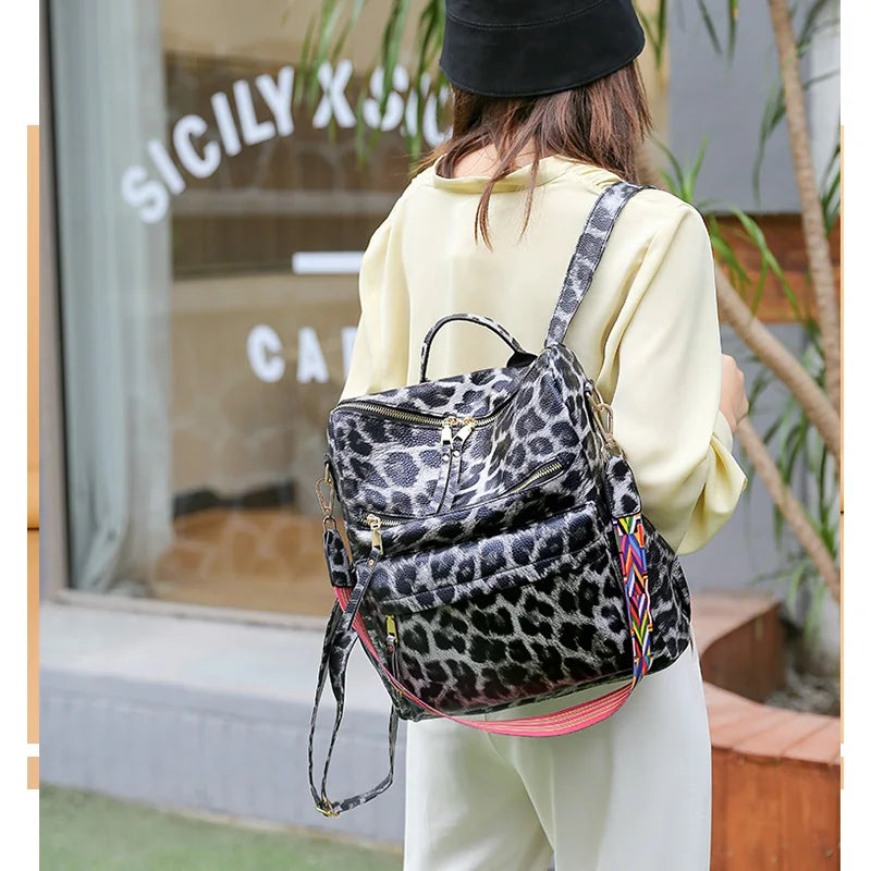 Leopard Print Backpack with Ribbon for Women