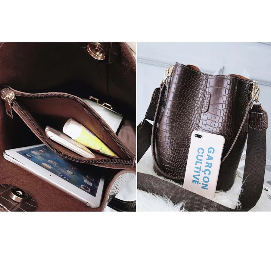 Crocodile Pattern Shoulder Bucket Bag Large Capacity Messenger Bag