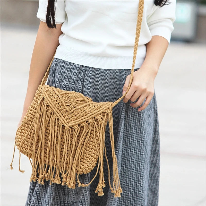 Casual Straw Bag Tassel Beach Crossbody Shoulder Hand Woven Bag