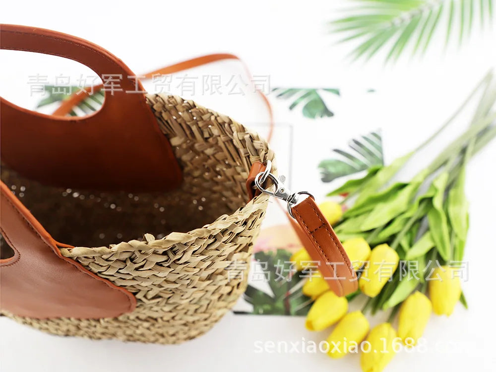 Casual Woven Beach Bag with Stitching Messenger Straw Handbag