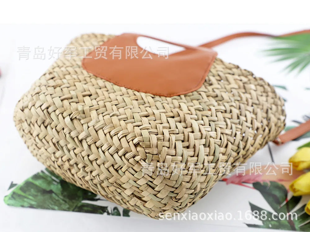 Casual Woven Beach Bag with Stitching Messenger Straw Handbag