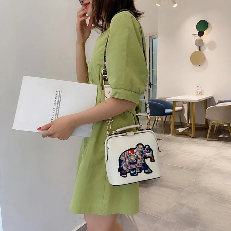 Embroidered Elephant Pattern PU Handbag