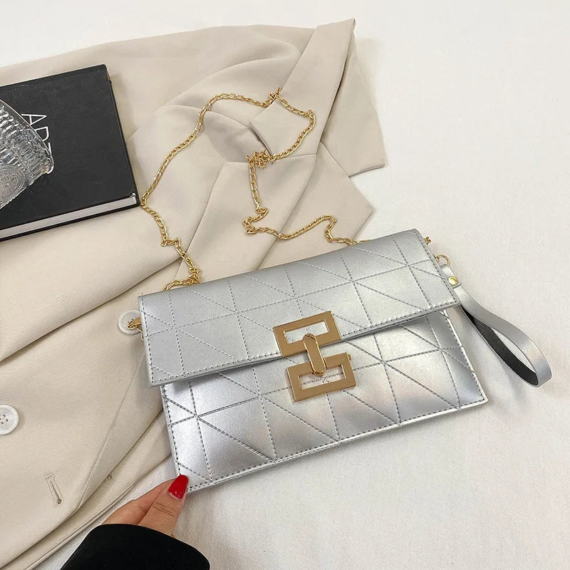 Women's Silver Messenger Square Bag Handbag Purse Crossbody Bag B510