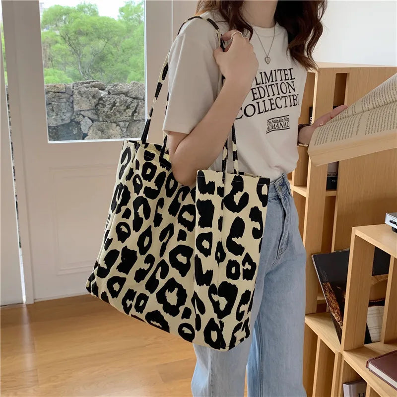 Leopard Canvas Tote Bag Women Shoulder Bag Bucket Bag