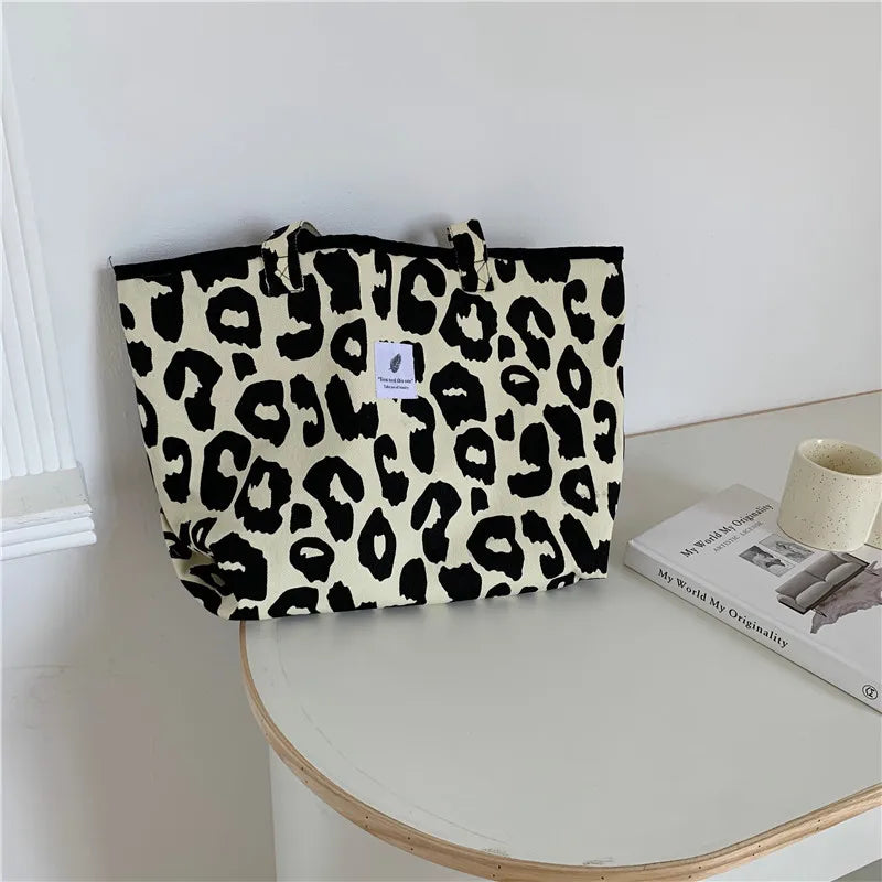 Leopard Canvas Tote Bag Women Shoulder Bag Bucket Bag