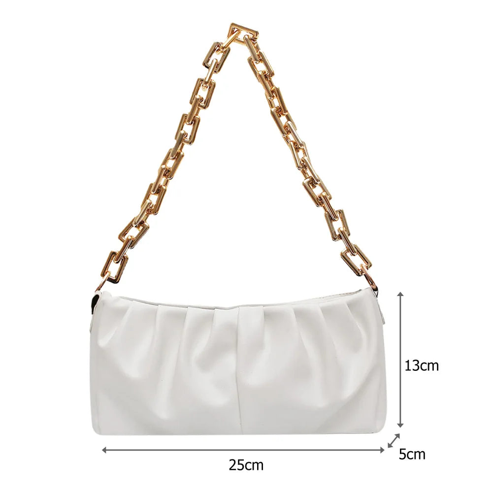 Women PU Leather Evening Clutch Bag Solid Pleated Chain Handbag