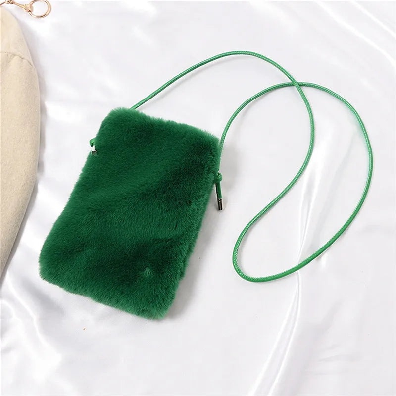 Faux Fur Crossbody Bag for Women Small Solid Cell Phone Purses