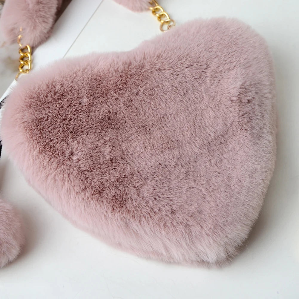 Faux Fur Heart Shaped Shoulder Bag Women Winter Handbag