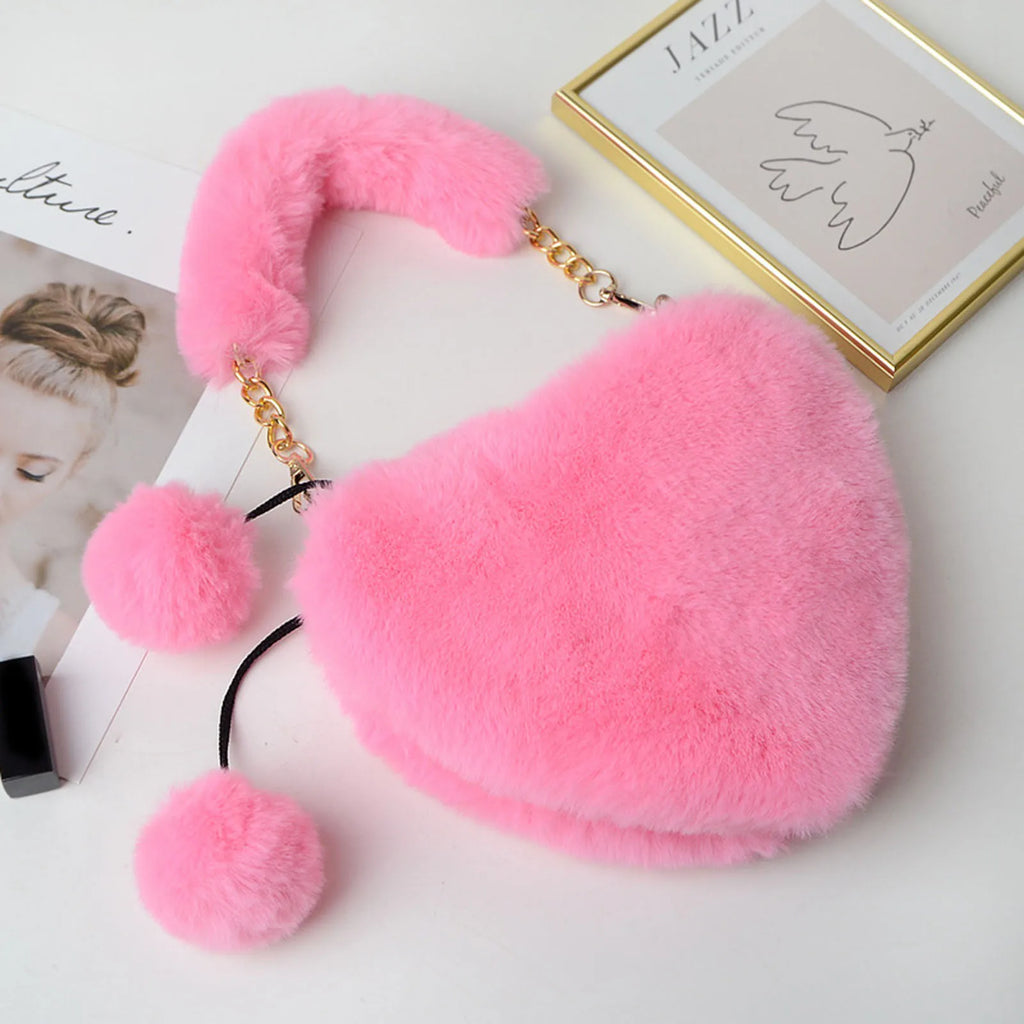 Heart Shaped Faux Fur Shoulder Bag