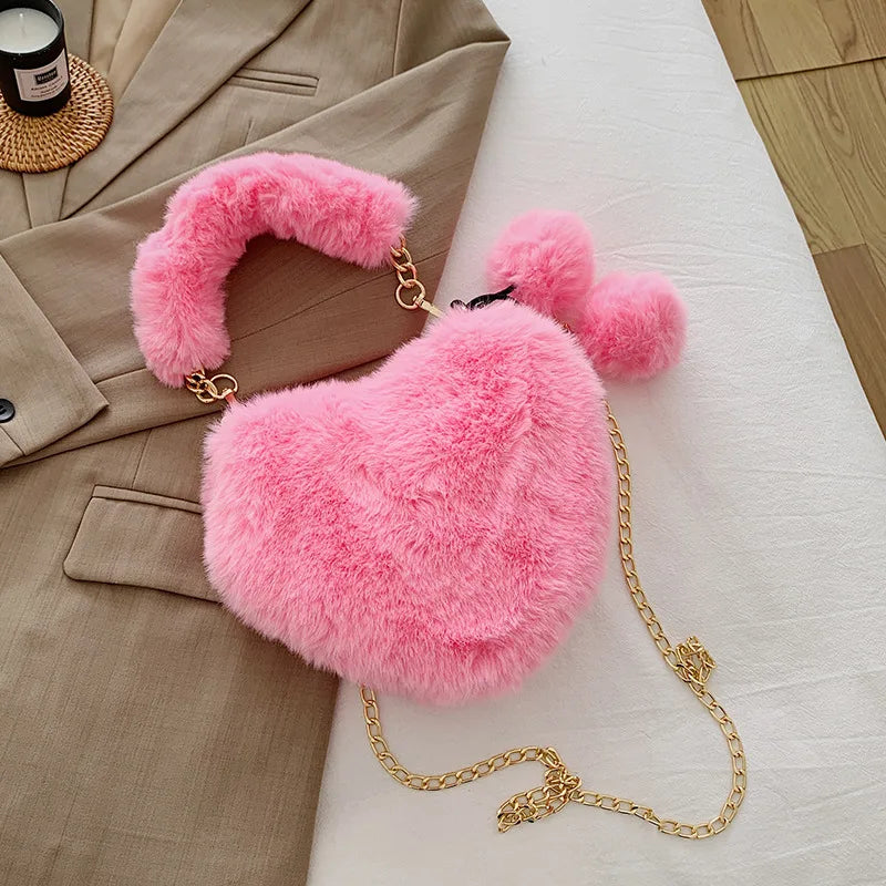 Faux Fur Winter Women Handbags Plush Ladies Heart Shaped Shoulder Bag