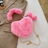 Faux Fur Winter Women Handbags Plush Ladies Heart Shaped Shoulder Bag