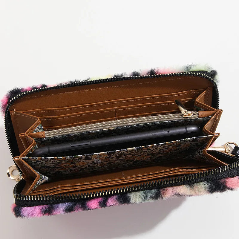 Leopard Plush Fluffy Clutch Long Wallet with Wrist Strap