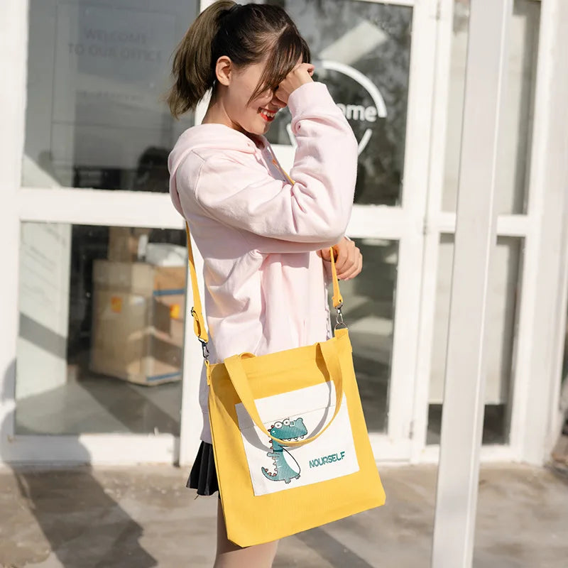 Girl Dinosaur Printed Canvas Shoulder Bag