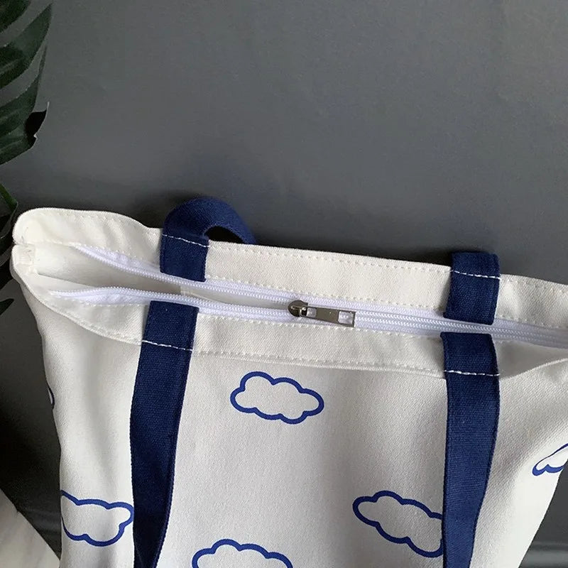 Clouds Printing Tote Bags Casual Eco Cotton Cloth Shoulder Shopper Bag for Girls