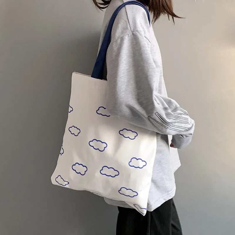 Clouds Printing Tote Bags Casual Eco Cotton Cloth Shoulder Shopper Bag for Girls