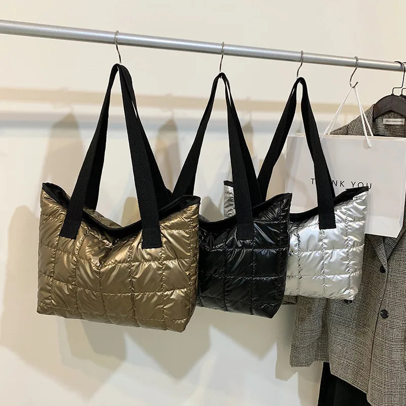 Large Silver Shoulder Bag for Women's Winter Tote with Zipper