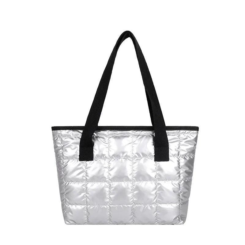 Large Silver Shoulder Bag for Women's Winter Tote with Zipper