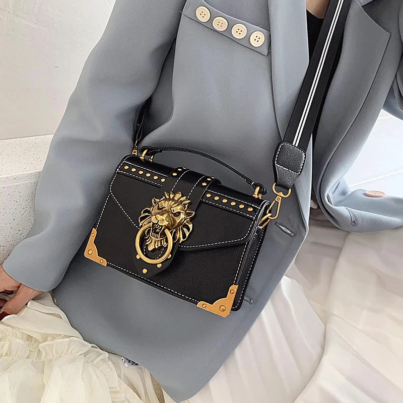 Women's Lion Head Crossbody Bag Metal Shoulder Purse Mini Square Messenger