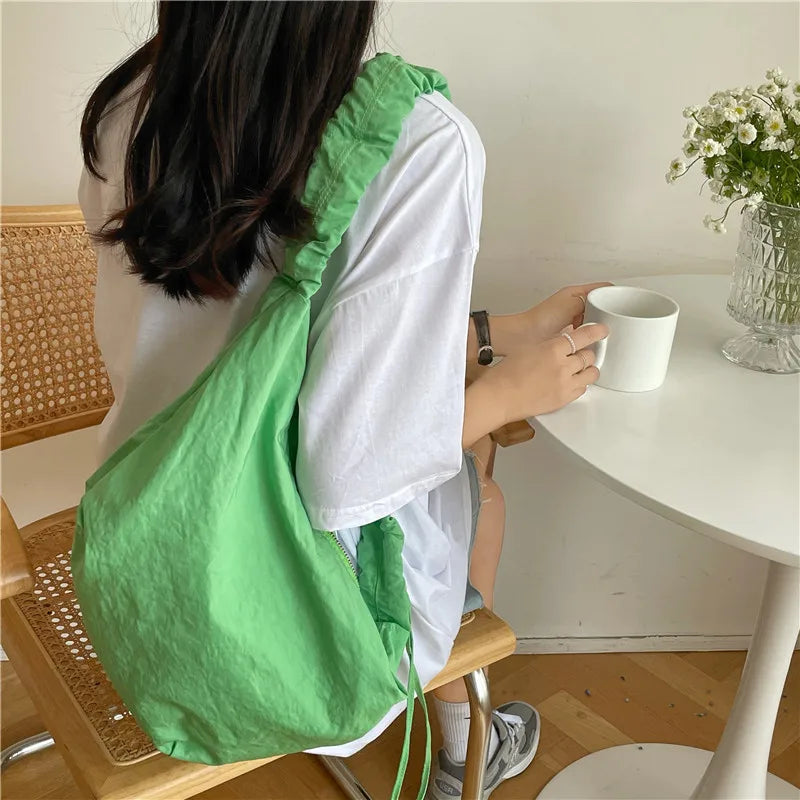 Women's Nylon Pleated Shoulder Bag with Zipper