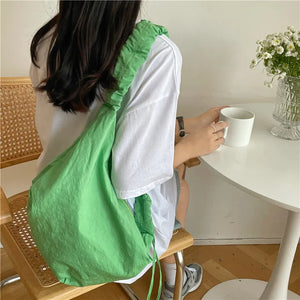 Large Nylon Shoulder Bag Ruched Purse Zipper Closure