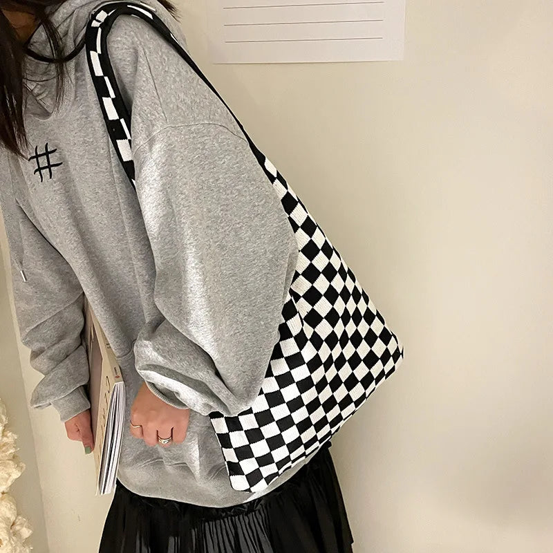 Vintage Chessboard Plaid Woolen Handbag Lady Strips Big Capacity Shoulder Bag