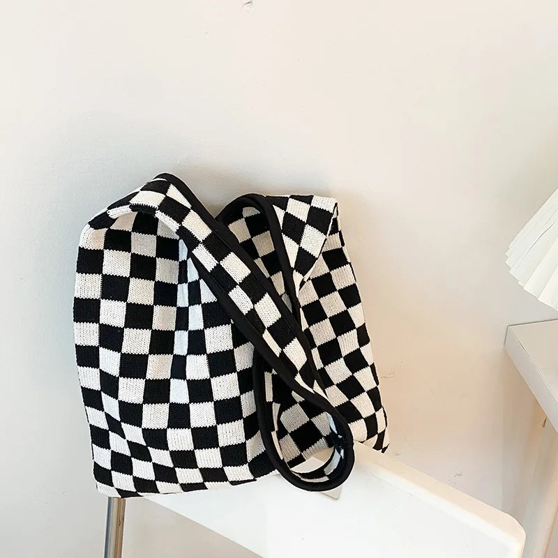 Vintage Chessboard Plaid Woolen Handbag Lady Strips Big Capacity Shoulder Bag