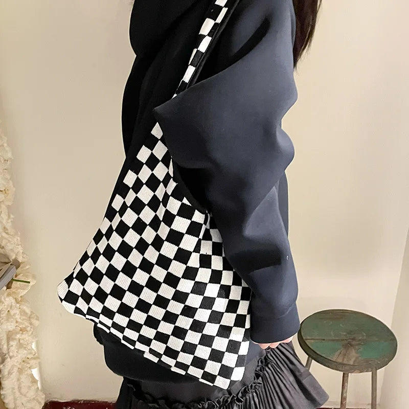 Vintage Chessboard Plaid Woolen Handbag Lady Strips Big Capacity Shoulder Bag