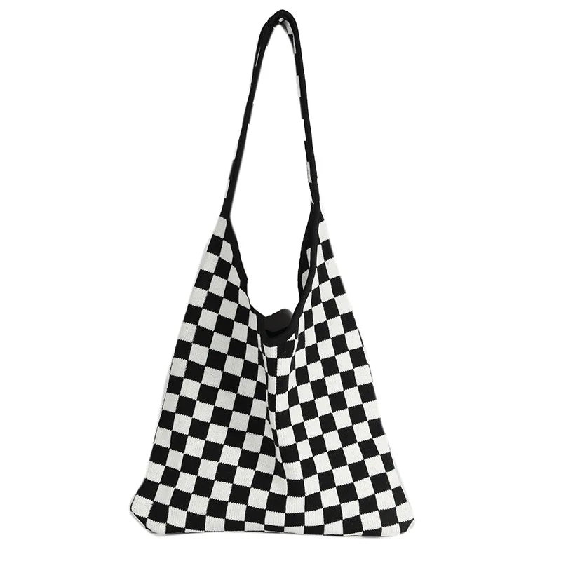 Vintage Chessboard Plaid Woolen Handbag Lady Strips Big Capacity Shoulder Bag
