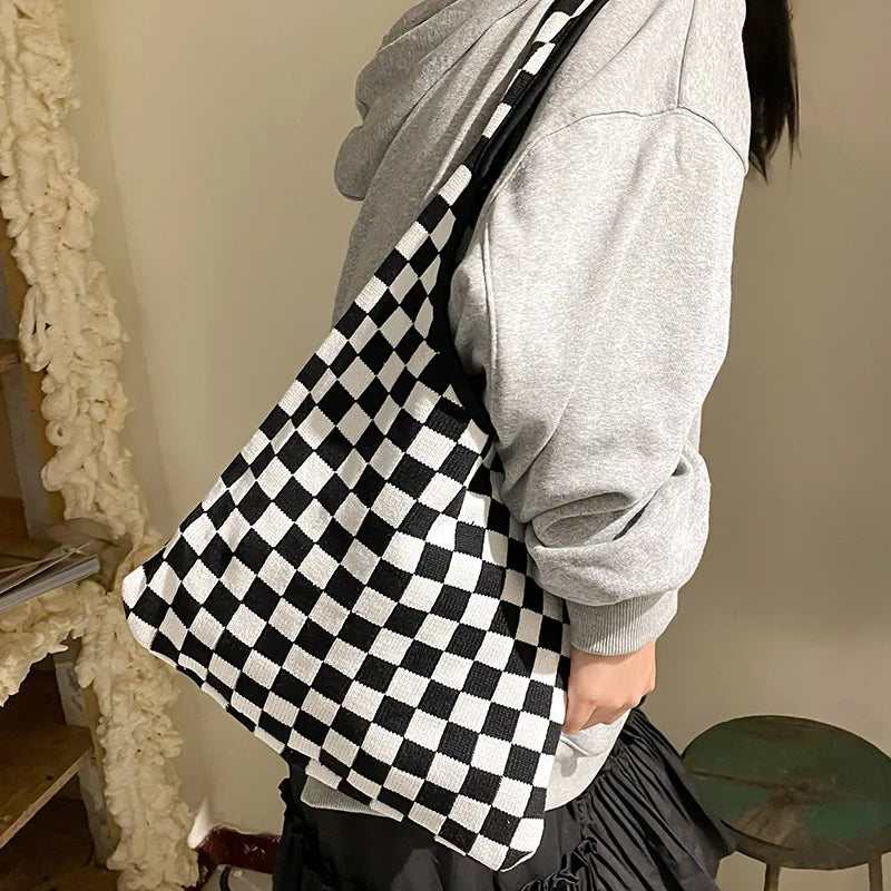 Vintage Chessboard Plaid Woolen Handbag Lady Strips Big Capacity Shoulder Bag