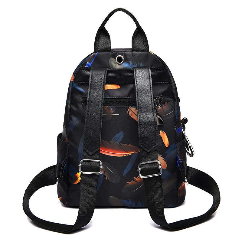 Women's Waterproof Feather Print Backpack Large Capacity Schoolbag