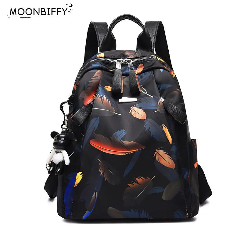 Waterproof Feather Print Backpack Large Capacity