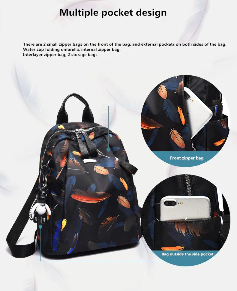 Women's Waterproof Feather Print Backpack Large Capacity Schoolbag