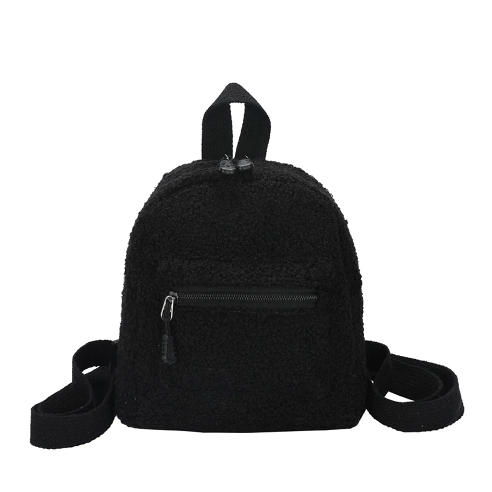 Female Preppy Style Lamb Wool Backpack Women Winter Solid Mini Rucksacks